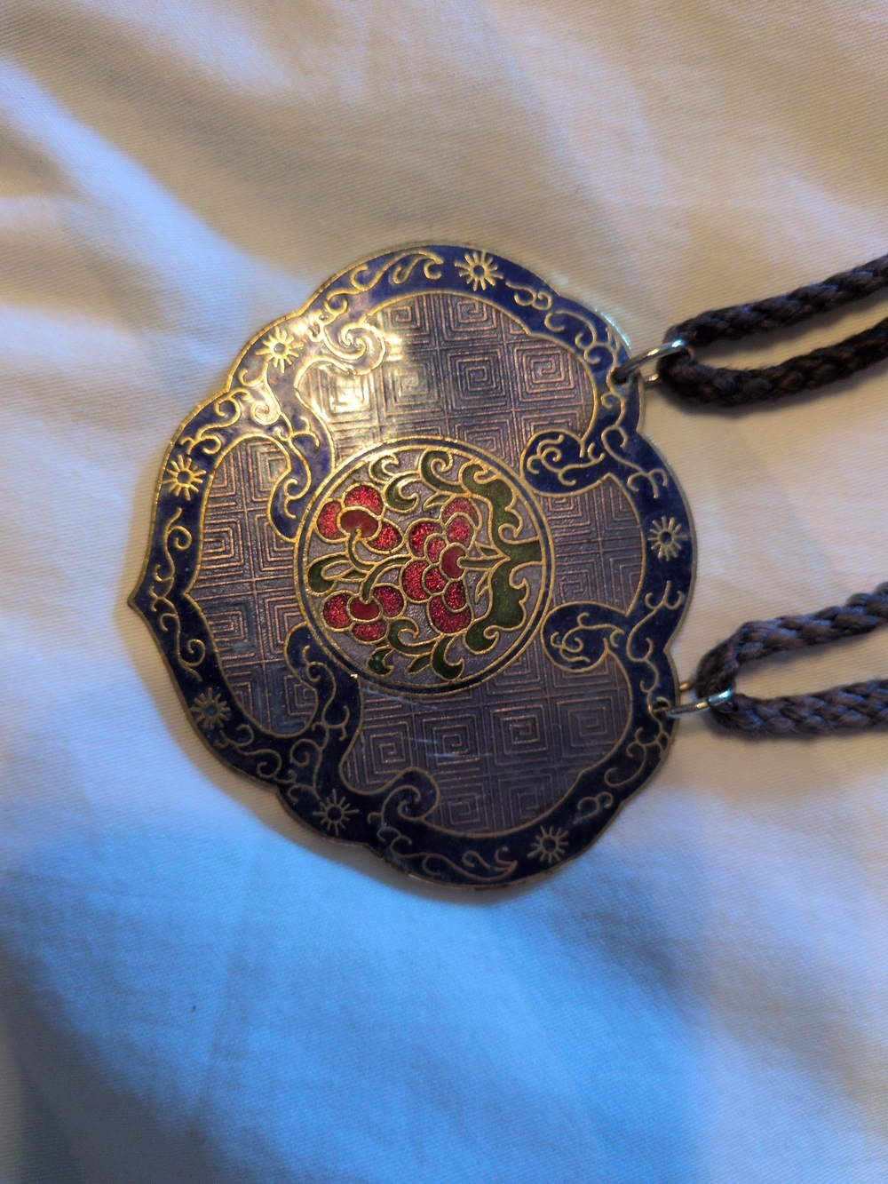 Large Enamel Floral Cloisonné Pendant Necklace in Navy and Red